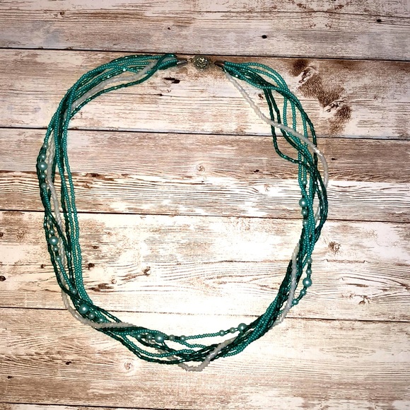 Handmade 7 strand beaded necklace in shades of green & white - Picture 5 of 10